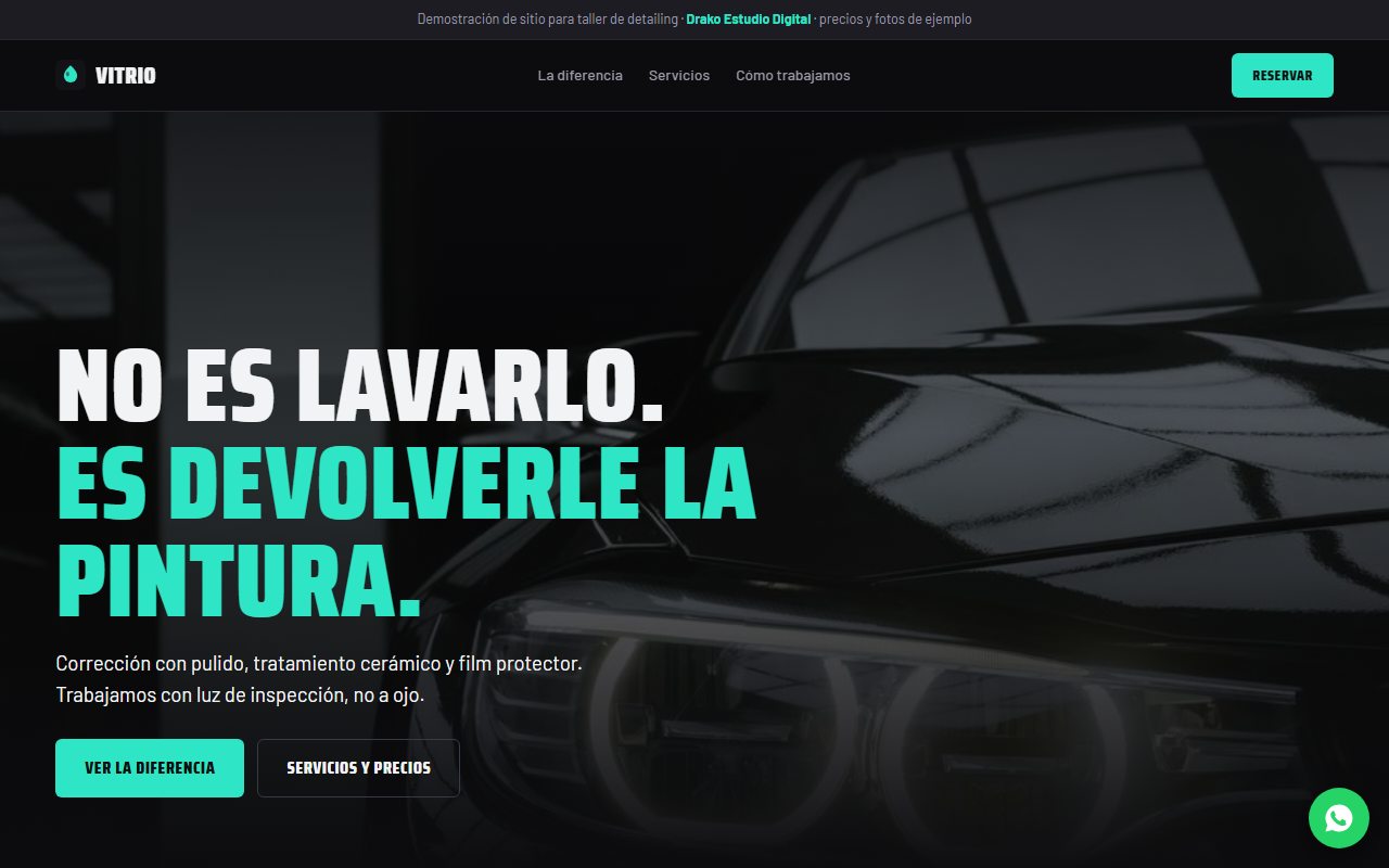 Vista de la demo web de detailing automotriz