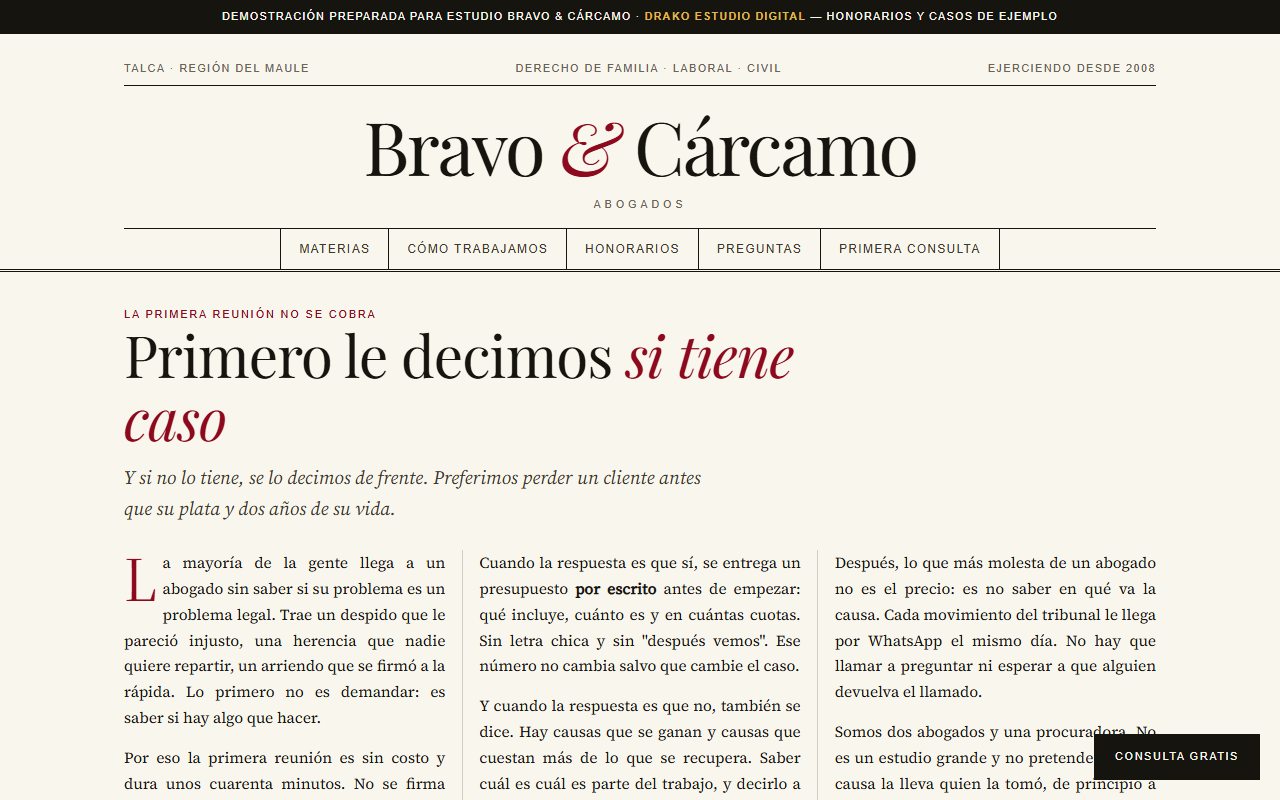 Vista de la demo web de estudio jurídico