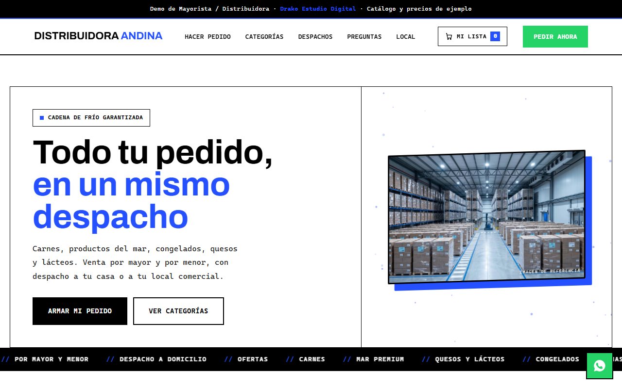 Vista de la demo web Distribuidora Andina
